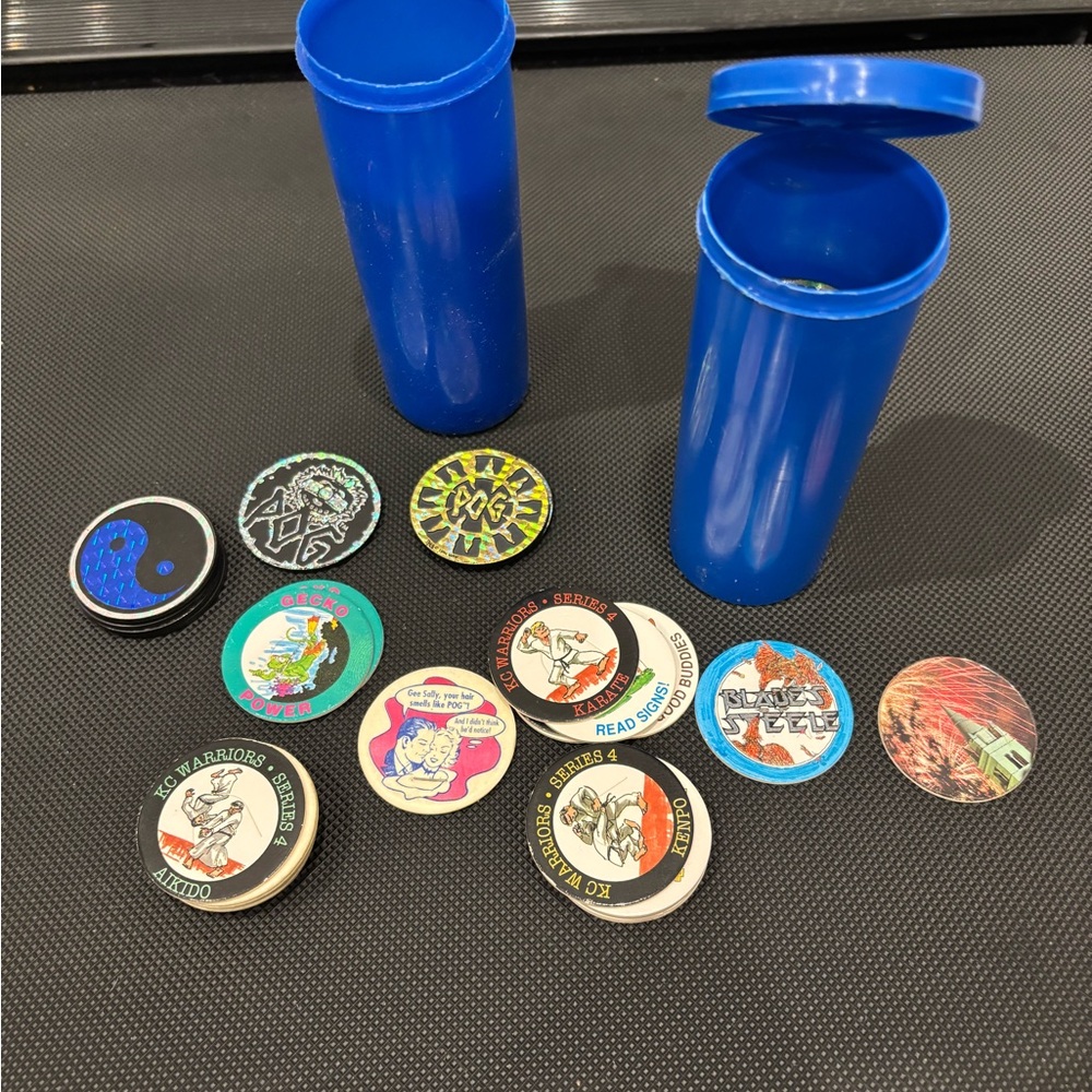 Vintage 90s POGs & Slammers Lot – Assorted Designs with Storage Tubes